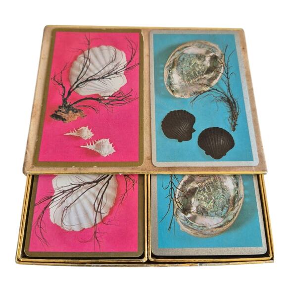 Vintage Playing Cards Set of 2 Beach Nautical Theme Blue Pink In Case Complete - Picture 2 of 6